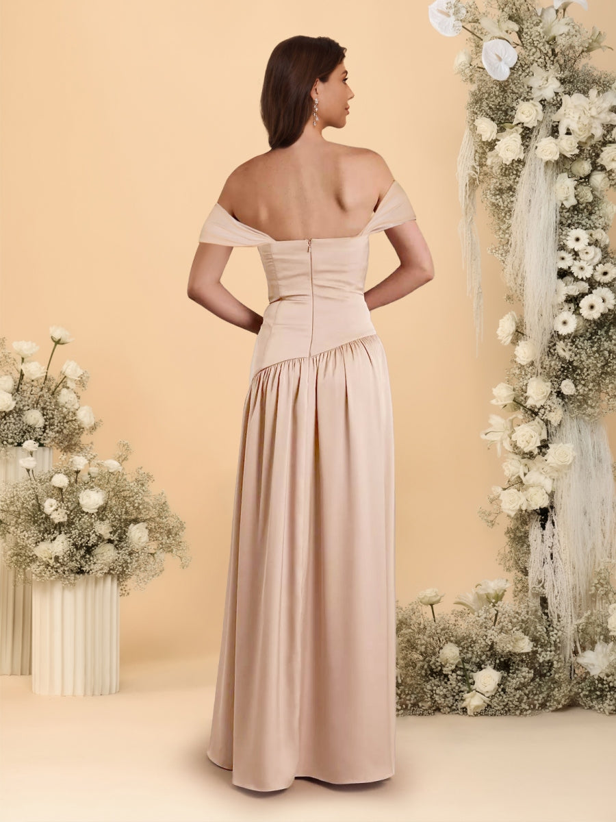 A-Line/Princess Off-the-Shoulder  Ruched Long Bridesmaid Dresses With Side Slit &amp; Pleats