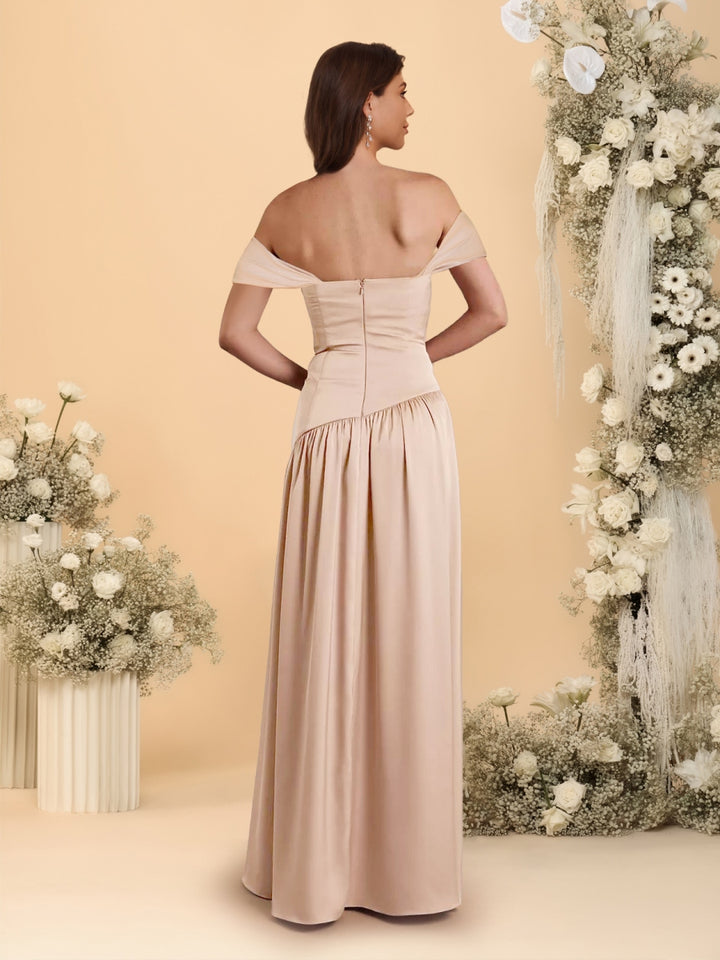 A-Line/Princess Off-the-Shoulder  Ruched Long Bridesmaid Dresses With Side Slit &amp; Pleats