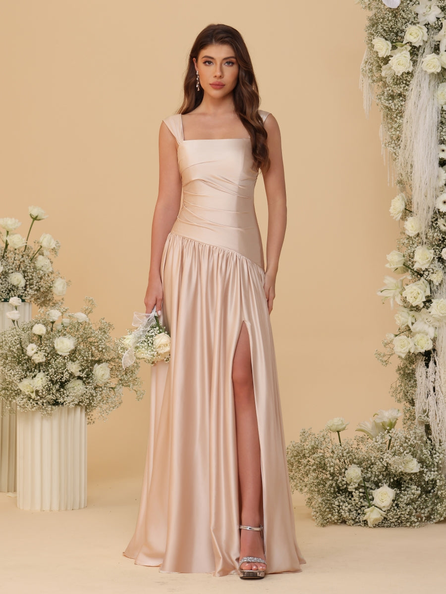 A-Line/Princess Off-the-Shoulder  Ruched Long Bridesmaid Dresses With Side Slit &amp; Pleats