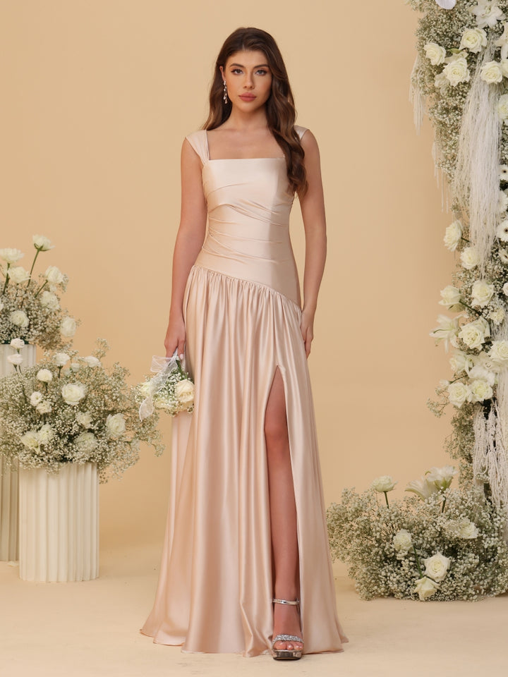 A-Line/Princess Off-the-Shoulder  Ruched Long Bridesmaid Dresses With Side Slit &amp; Pleats