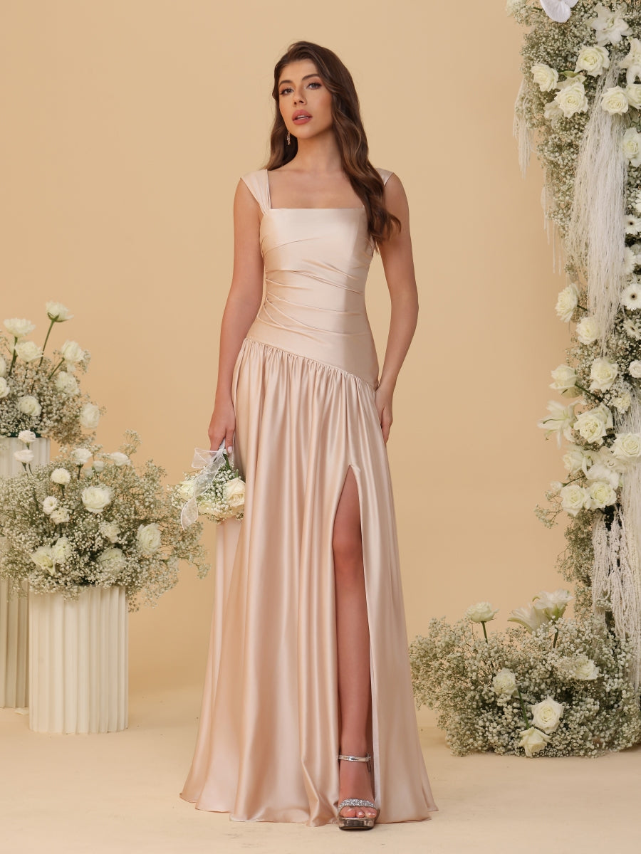 A-Line/Princess Off-the-Shoulder  Ruched Long Bridesmaid Dresses With Side Slit &amp; Pleats