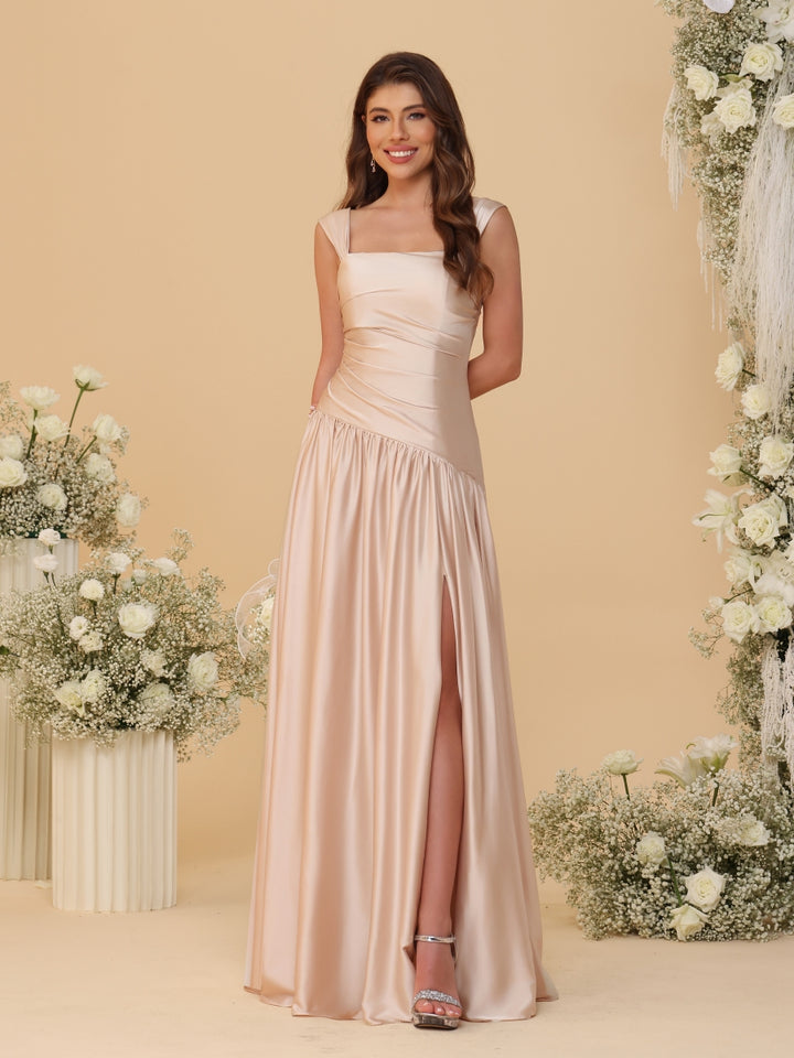 A-Line/Princess Off-the-Shoulder  Ruched Long Bridesmaid Dresses With Side Slit &amp; Pleats