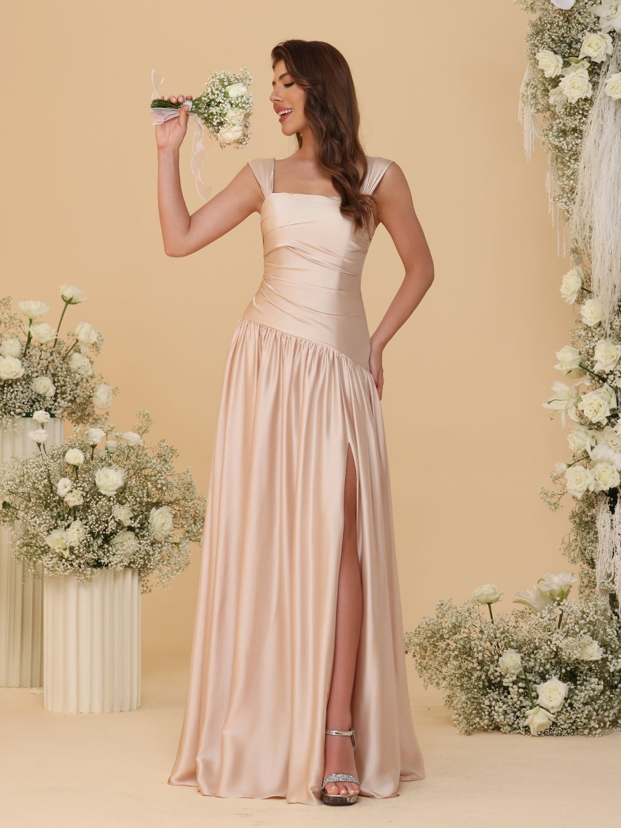 A-Line/Princess Off-the-Shoulder  Ruched Long Bridesmaid Dresses With Side Slit &amp; Pleats