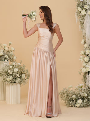 A-Line/Princess Off-the-Shoulder  Ruched Long Bridesmaid Dresses With Side Slit & Pleats