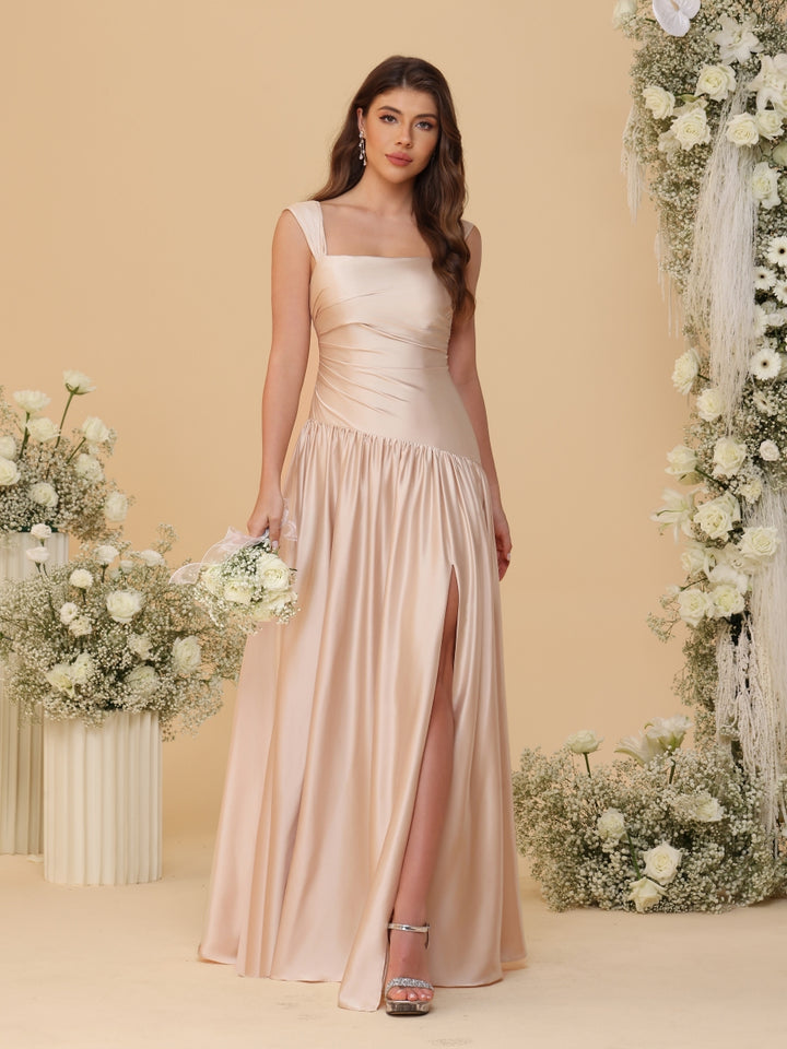 A-Line/Princess Off-the-Shoulder  Ruched Long Bridesmaid Dresses With Side Slit &amp; Pleats