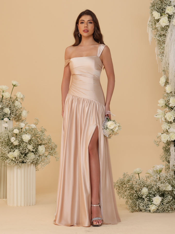 A-Line/Princess Off-the-Shoulder  Ruched Long Bridesmaid Dresses With Side Slit &amp; Pleats