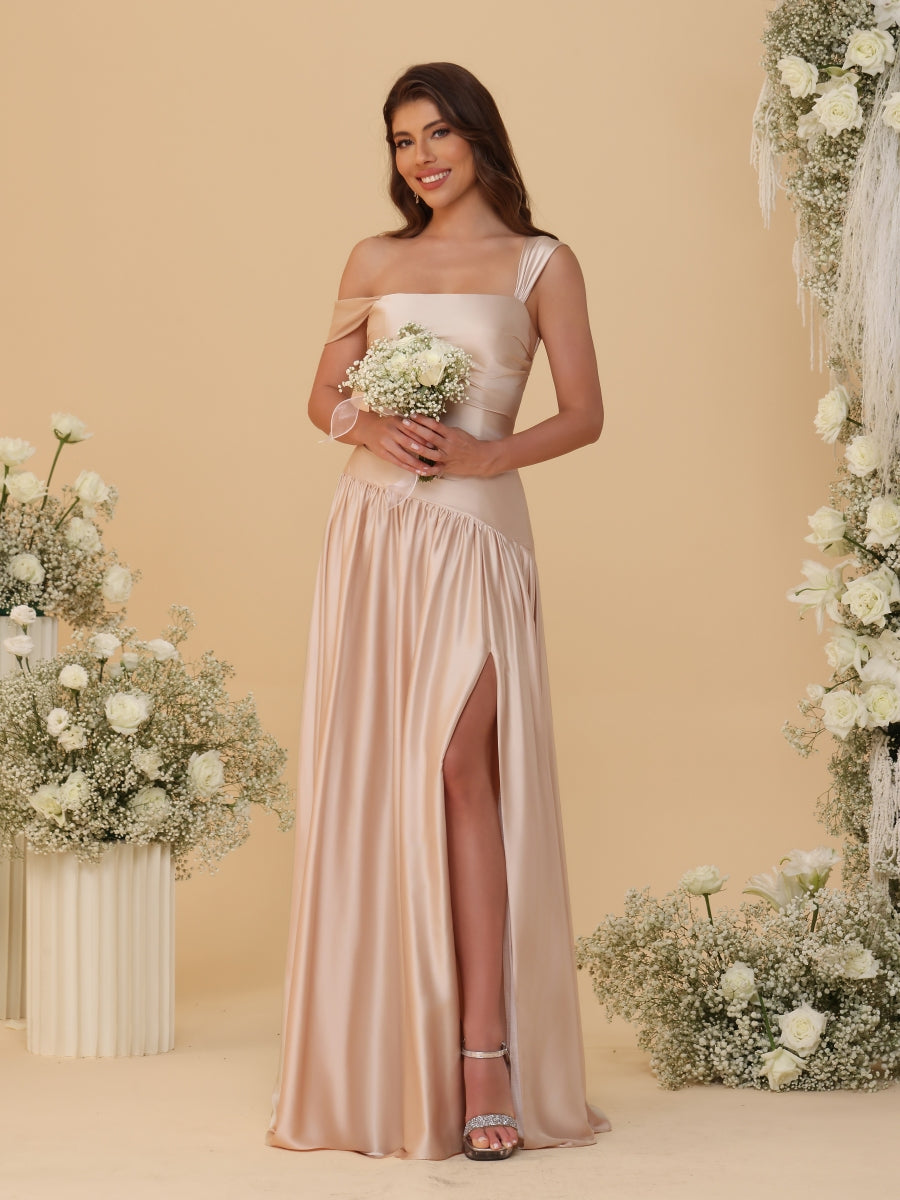 A-Line/Princess Off-the-Shoulder  Ruched Long Bridesmaid Dresses With Side Slit &amp; Pleats