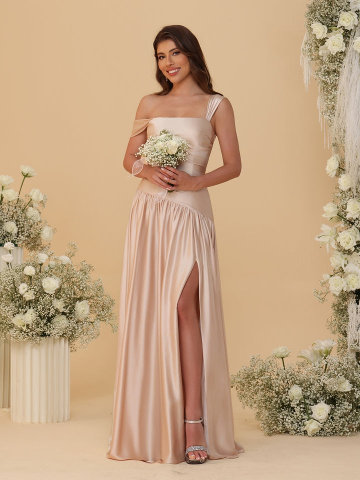 A-Line/Princess Off-the-Shoulder  Ruched Long Bridesmaid Dresses With Side Slit &amp; Pleats