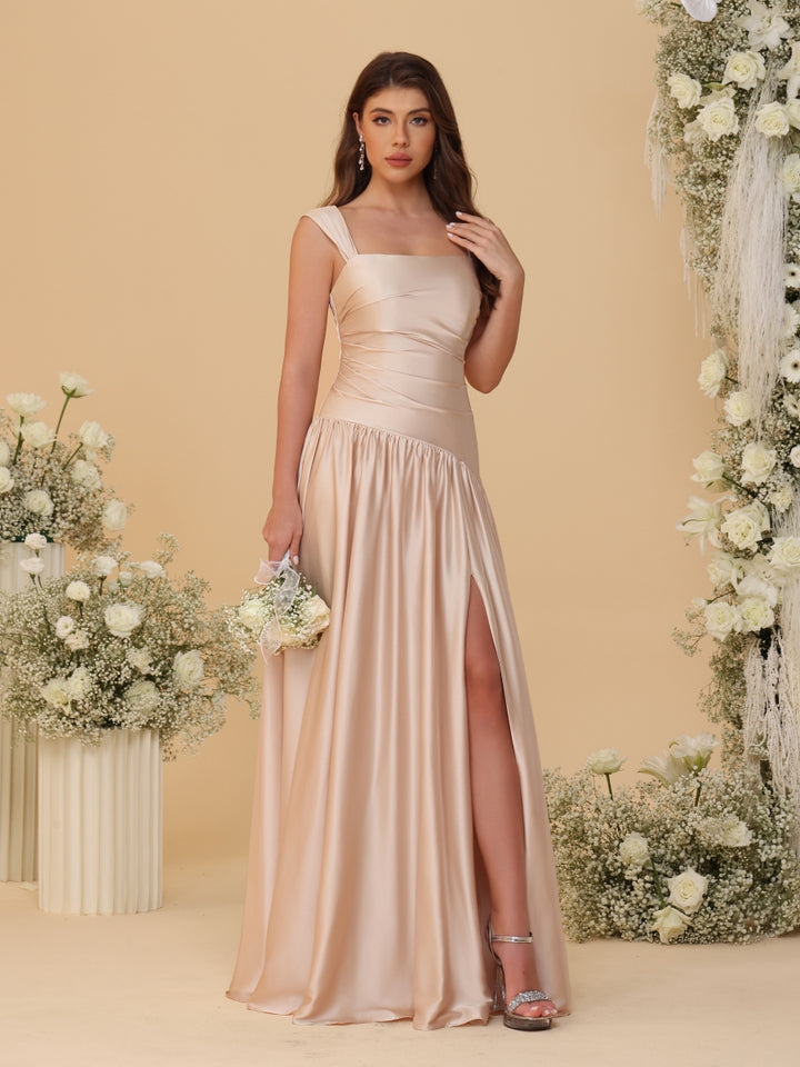 A-Line/Princess Off-the-Shoulder  Ruched Long Bridesmaid Dresses With Side Slit &amp; Pleats