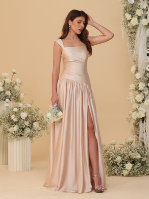 A-Line/Princess Off-the-Shoulder  Ruched Long Bridesmaid Dresses With Side Slit & Pleats