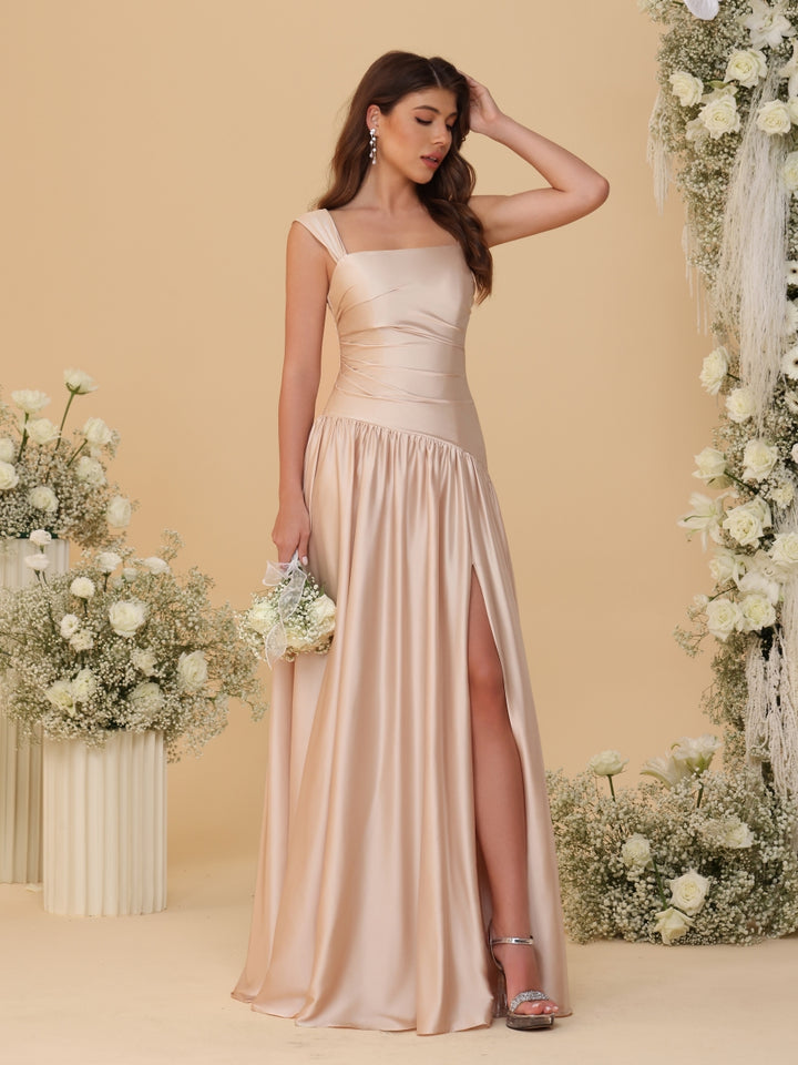 A-Line/Princess Off-the-Shoulder  Ruched Long Bridesmaid Dresses With Side Slit &amp; Pleats
