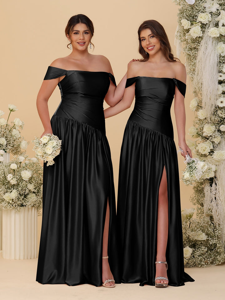 A-Line/Princess Off-the-Shoulder  Ruched Long Bridesmaid Dresses With Side Slit &amp; Pleats