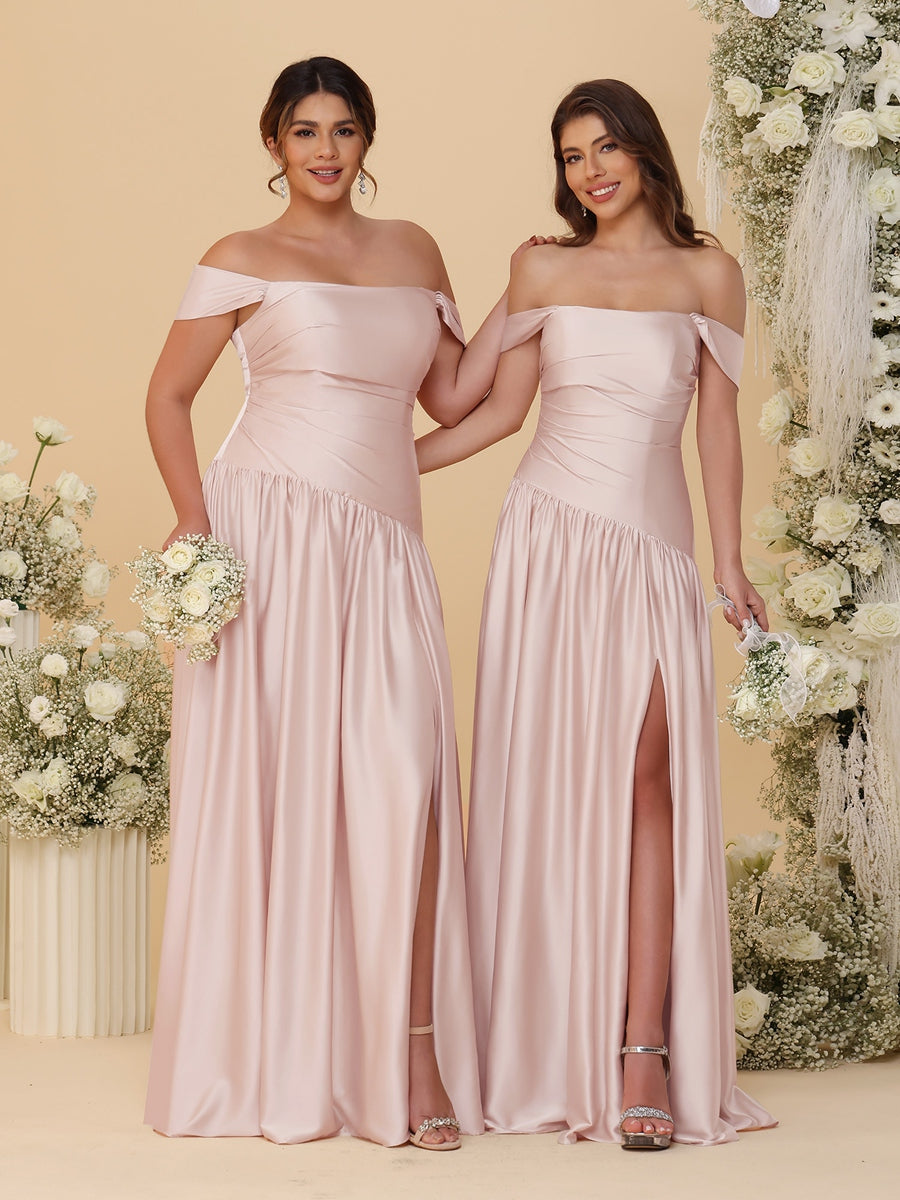 A-Line/Princess Off-the-Shoulder  Ruched Long Bridesmaid Dresses With Side Slit &amp; Pleats