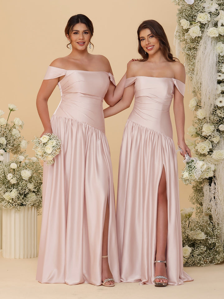 A-Line/Princess Off-the-Shoulder  Ruched Long Bridesmaid Dresses With Side Slit &amp; Pleats