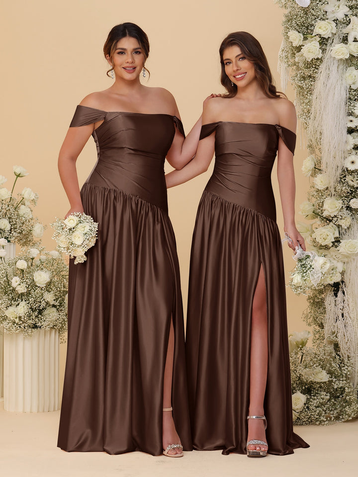 A-Line/Princess Off-the-Shoulder  Ruched Long Bridesmaid Dresses With Side Slit &amp; Pleats
