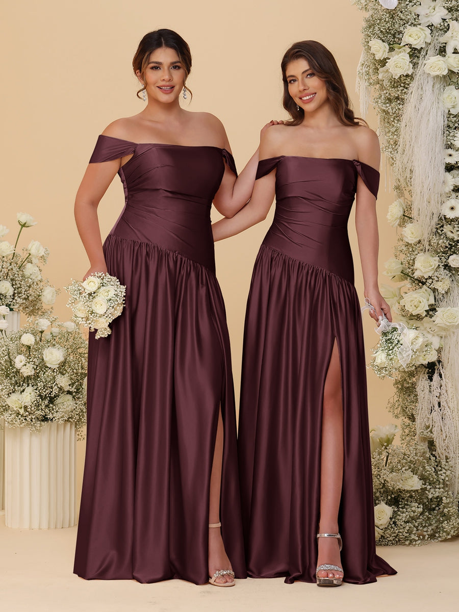 A-Line/Princess Off-the-Shoulder  Ruched Long Bridesmaid Dresses With Side Slit &amp; Pleats