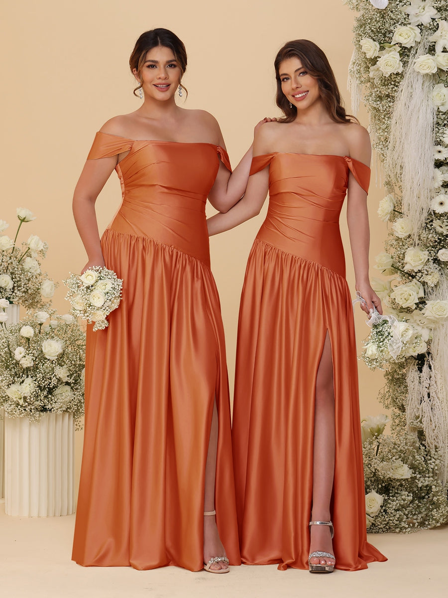 A-Line/Princess Off-the-Shoulder  Ruched Long Bridesmaid Dresses With Side Slit &amp; Pleats