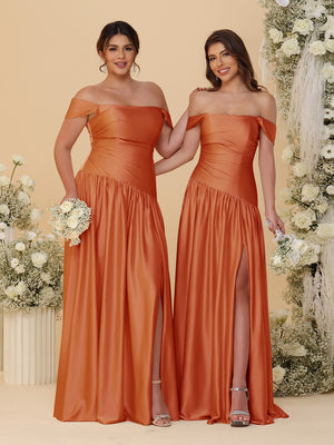 A-Line/Princess Off-the-Shoulder  Ruched Long Bridesmaid Dresses With Side Slit & Pleats