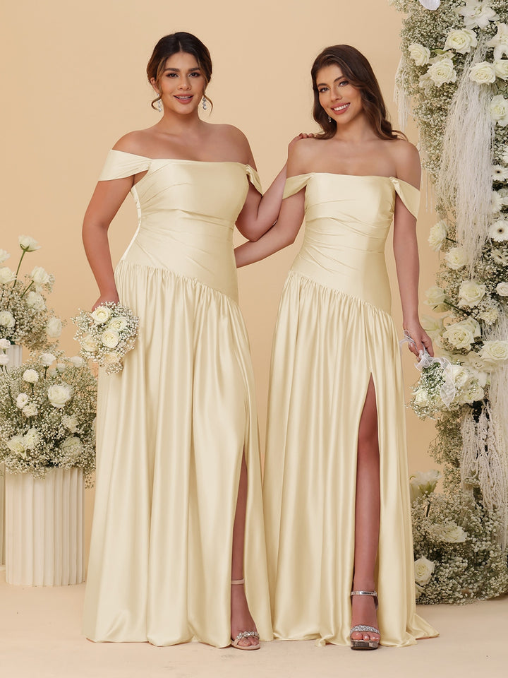 A-Line/Princess Off-the-Shoulder  Ruched Long Bridesmaid Dresses With Side Slit &amp; Pleats
