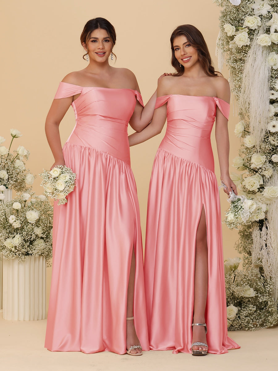 A-Line/Princess Off-the-Shoulder  Ruched Long Bridesmaid Dresses With Side Slit &amp; Pleats