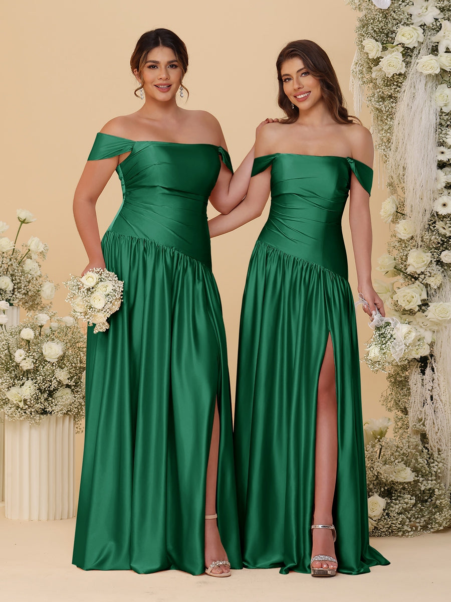 A-Line/Princess Off-the-Shoulder  Ruched Long Bridesmaid Dresses With Side Slit &amp; Pleats