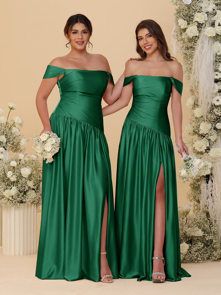 A-Line/Princess Off-the-Shoulder  Ruched Long Bridesmaid Dresses With Side Slit &amp; Pleats