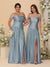 A-Line/Princess Off-the-Shoulder  Ruched Long Bridesmaid Dresses With Side Slit & Pleats