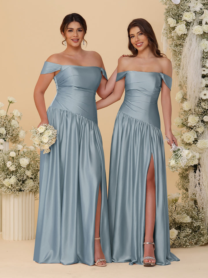 A-Line/Princess Off-the-Shoulder  Ruched Long Bridesmaid Dresses With Side Slit &amp; Pleats