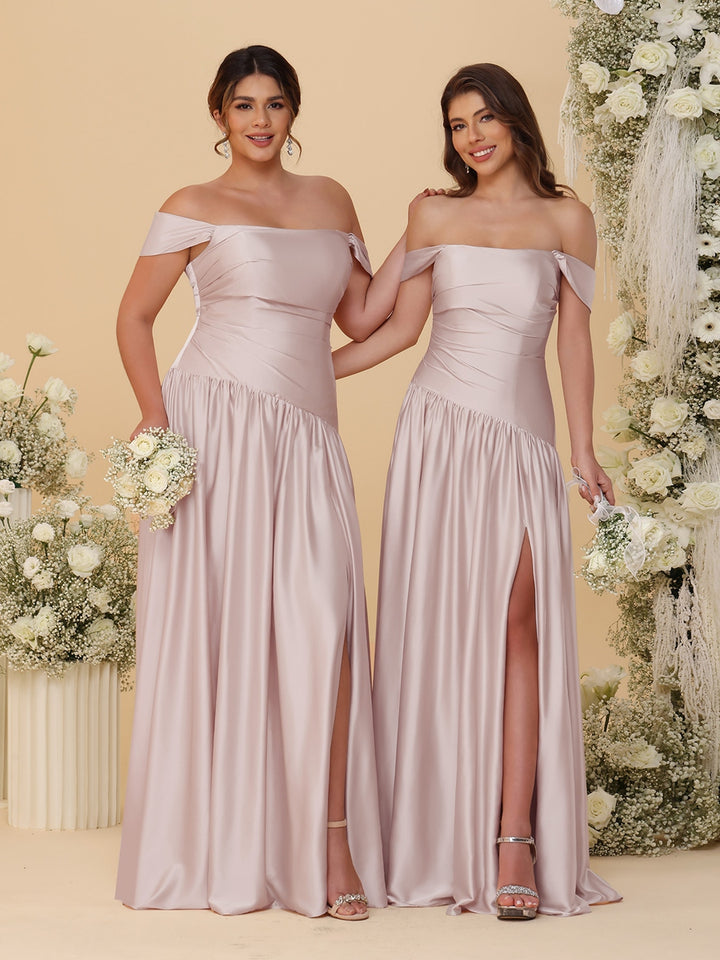 A-Line/Princess Off-the-Shoulder  Ruched Long Bridesmaid Dresses With Side Slit &amp; Pleats