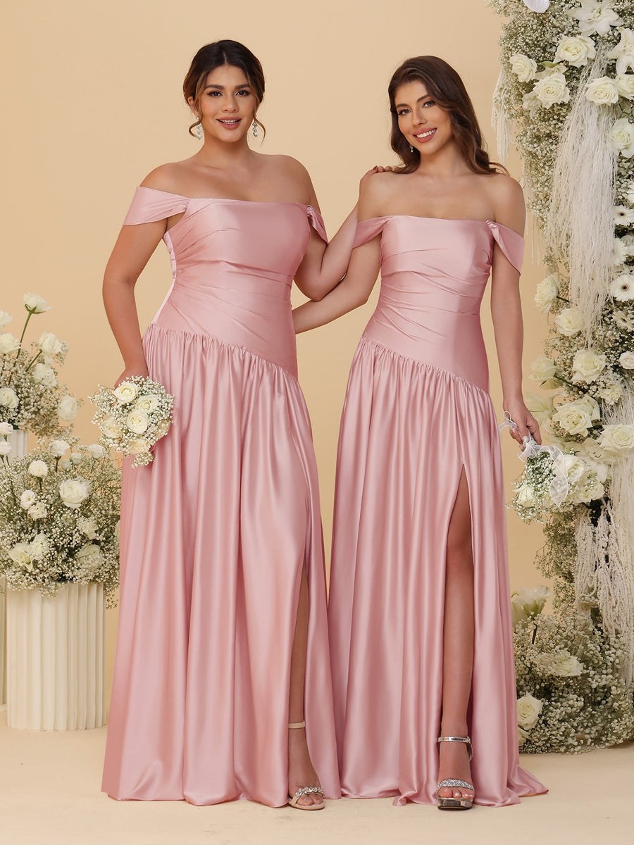 A-Line/Princess Off-the-Shoulder Ruched Long Bridesmaid Dresses With S – Lavetir
