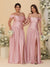 A-Line/Princess Off-the-Shoulder  Ruched Long Bridesmaid Dresses With Side Slit & Pleats