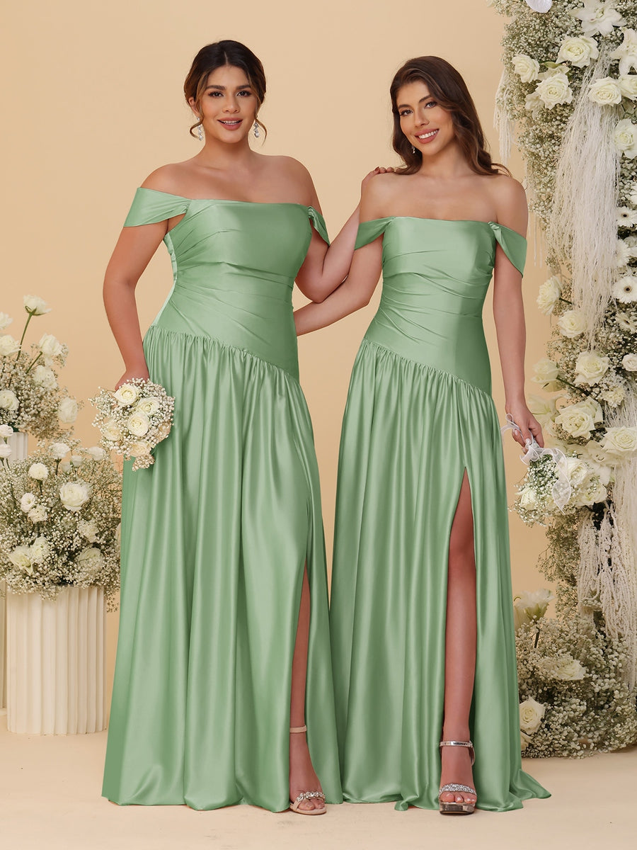 A-Line/Princess Off-the-Shoulder  Ruched Long Bridesmaid Dresses With Side Slit &amp; Pleats