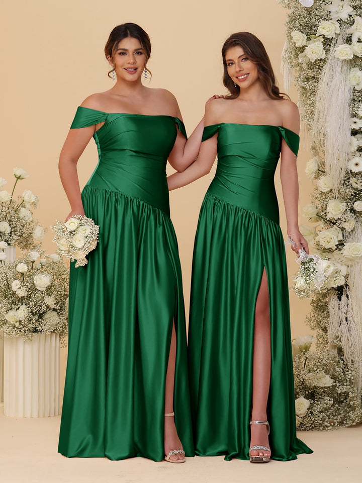 A-Line/Princess Off-the-Shoulder  Ruched Long Bridesmaid Dresses With Side Slit &amp; Pleats