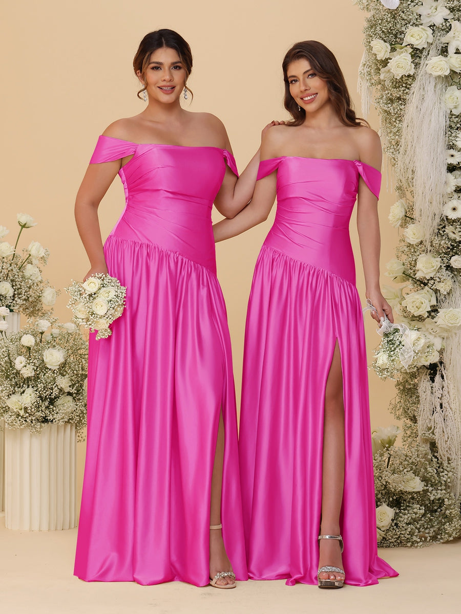 A-Line/Princess Off-the-Shoulder  Ruched Long Bridesmaid Dresses With Side Slit &amp; Pleats
