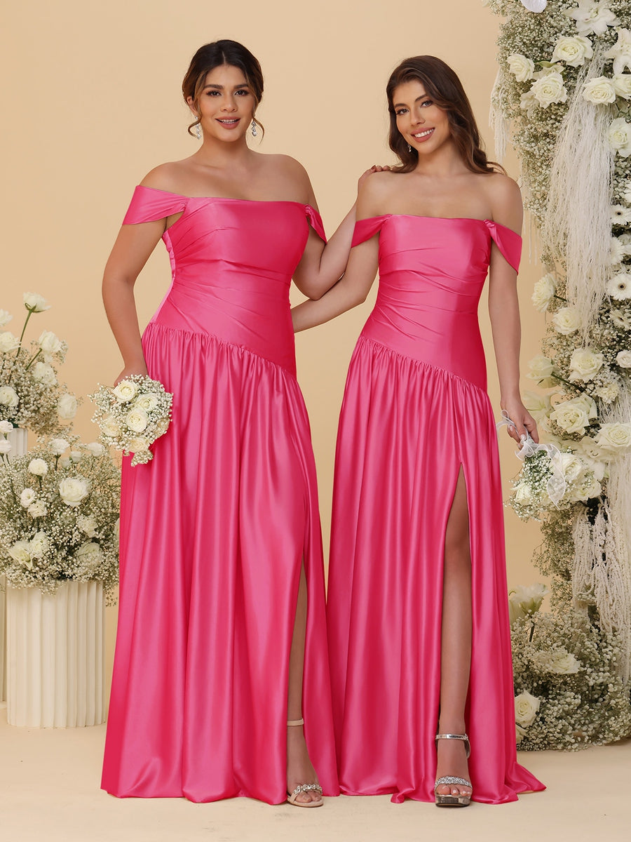 A-Line/Princess Off-the-Shoulder  Ruched Long Bridesmaid Dresses With Side Slit &amp; Pleats