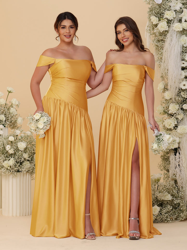 A-Line/Princess Off-the-Shoulder  Ruched Long Bridesmaid Dresses With Side Slit &amp; Pleats
