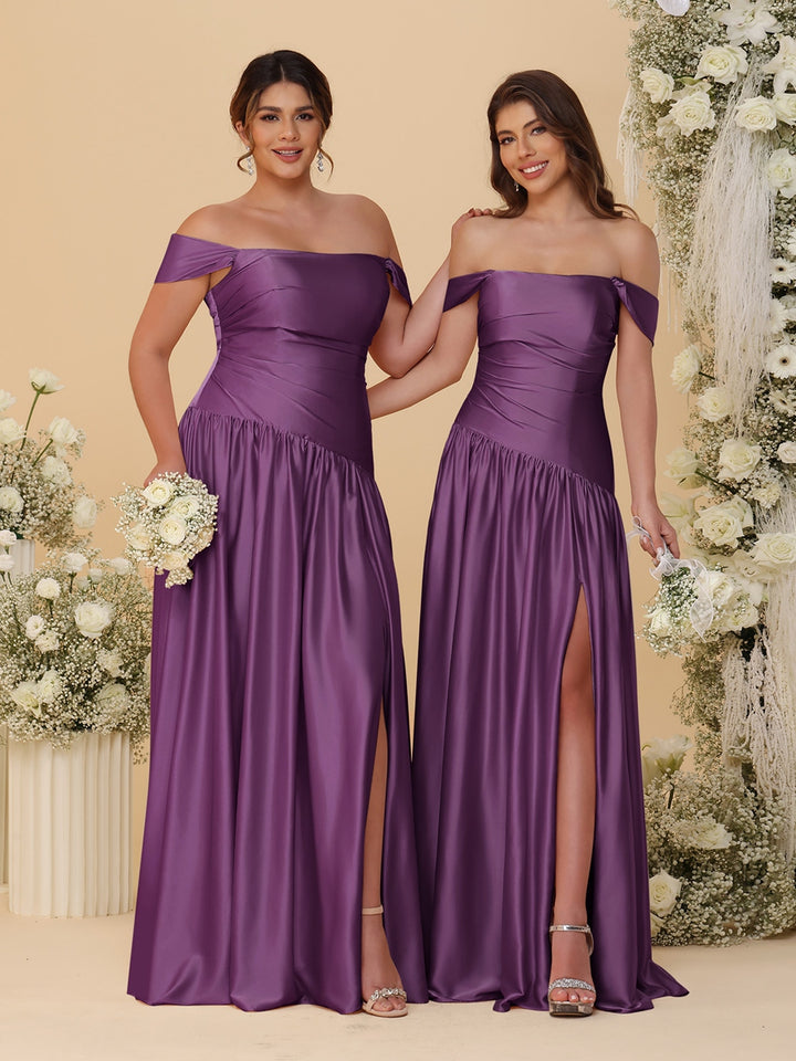 A-Line/Princess Off-the-Shoulder  Ruched Long Bridesmaid Dresses With Side Slit &amp; Pleats