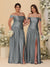A-Line/Princess Off-the-Shoulder  Ruched Long Bridesmaid Dresses With Side Slit & Pleats