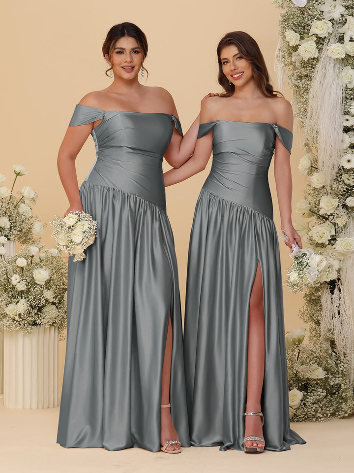 A-Line/Princess Off-the-Shoulder  Ruched Long Bridesmaid Dresses With Side Slit &amp; Pleats