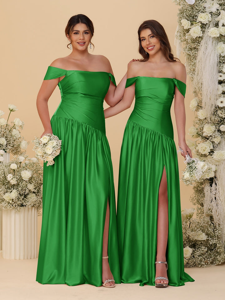 A-Line/Princess Off-the-Shoulder  Ruched Long Bridesmaid Dresses With Side Slit &amp; Pleats