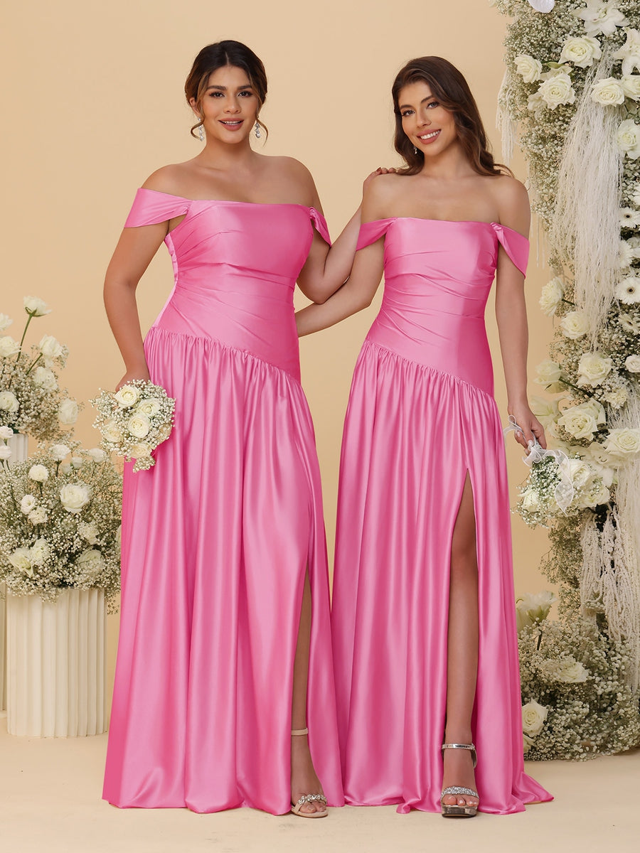 A-Line/Princess Off-the-Shoulder  Ruched Long Bridesmaid Dresses With Side Slit &amp; Pleats