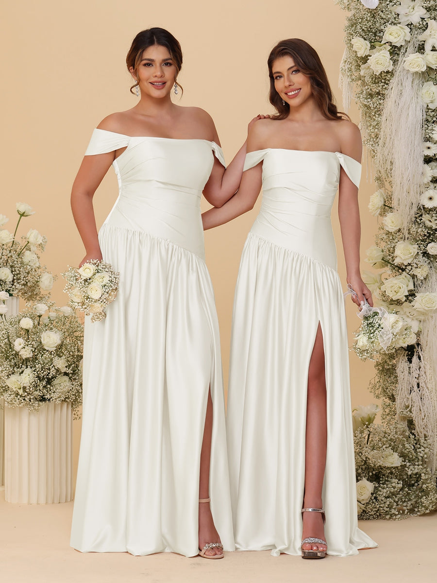 A-Line/Princess Off-the-Shoulder  Ruched Long Bridesmaid Dresses With Side Slit &amp; Pleats