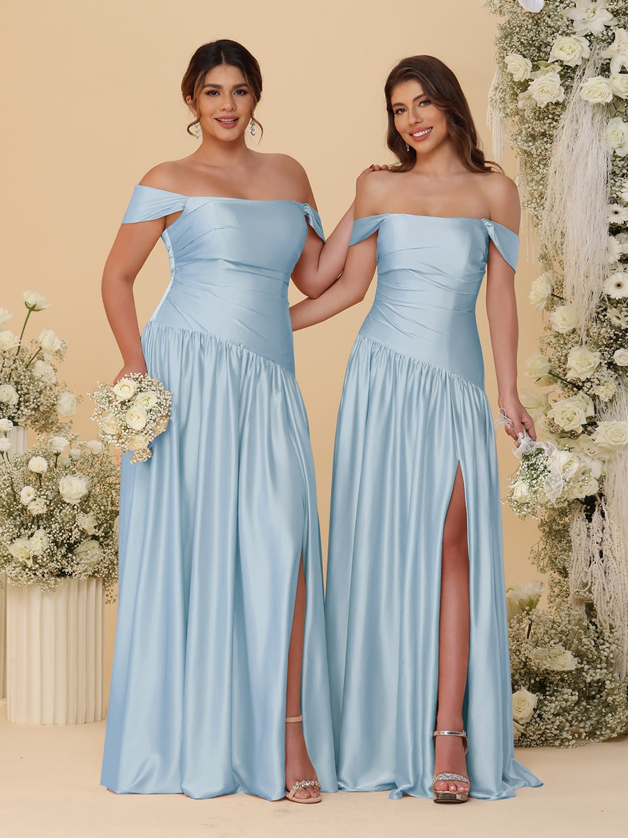 A-Line/Princess Off-the-Shoulder  Ruched Long Bridesmaid Dresses With Side Slit &amp; Pleats
