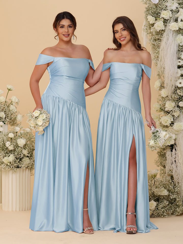 A-Line/Princess Off-the-Shoulder  Ruched Long Bridesmaid Dresses With Side Slit &amp; Pleats