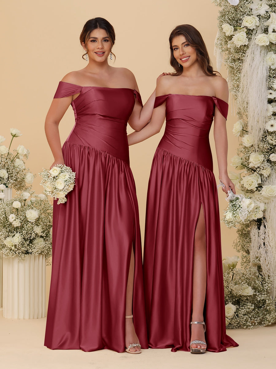A-Line/Princess Off-the-Shoulder  Ruched Long Bridesmaid Dresses With Side Slit &amp; Pleats