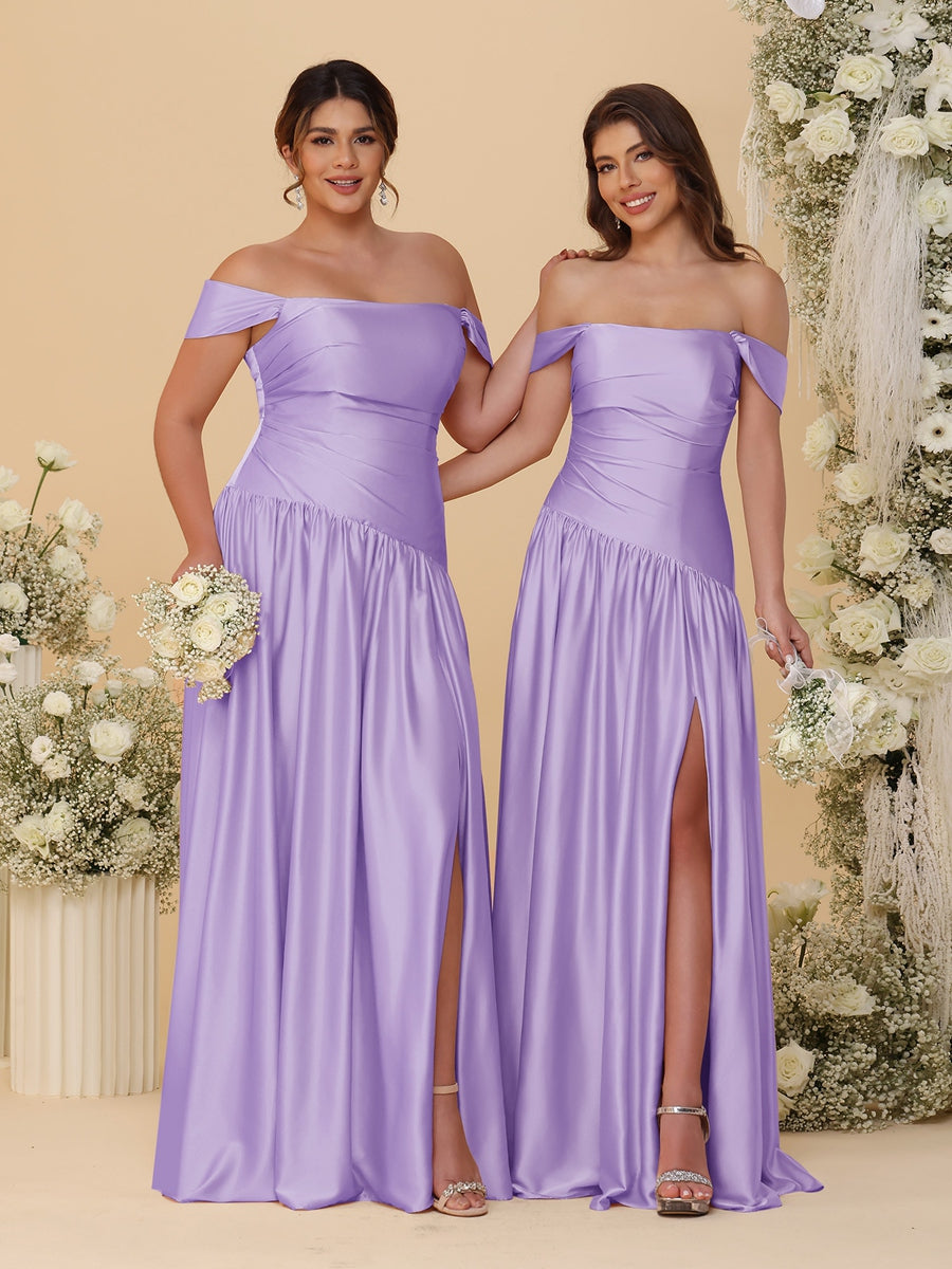A-Line/Princess Off-the-Shoulder  Ruched Long Bridesmaid Dresses With Side Slit &amp; Pleats