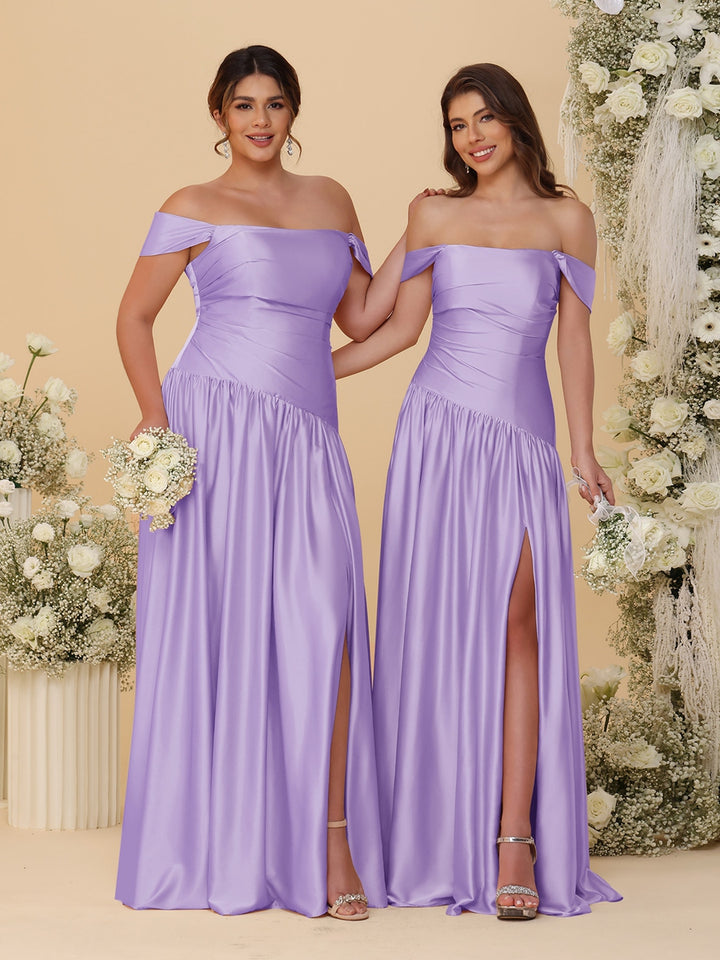A-Line/Princess Off-the-Shoulder  Ruched Long Bridesmaid Dresses With Side Slit &amp; Pleats