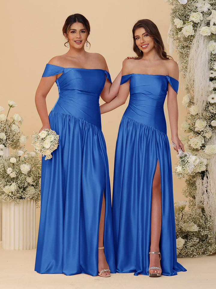 A-Line/Princess Off-the-Shoulder  Ruched Long Bridesmaid Dresses With Side Slit &amp; Pleats
