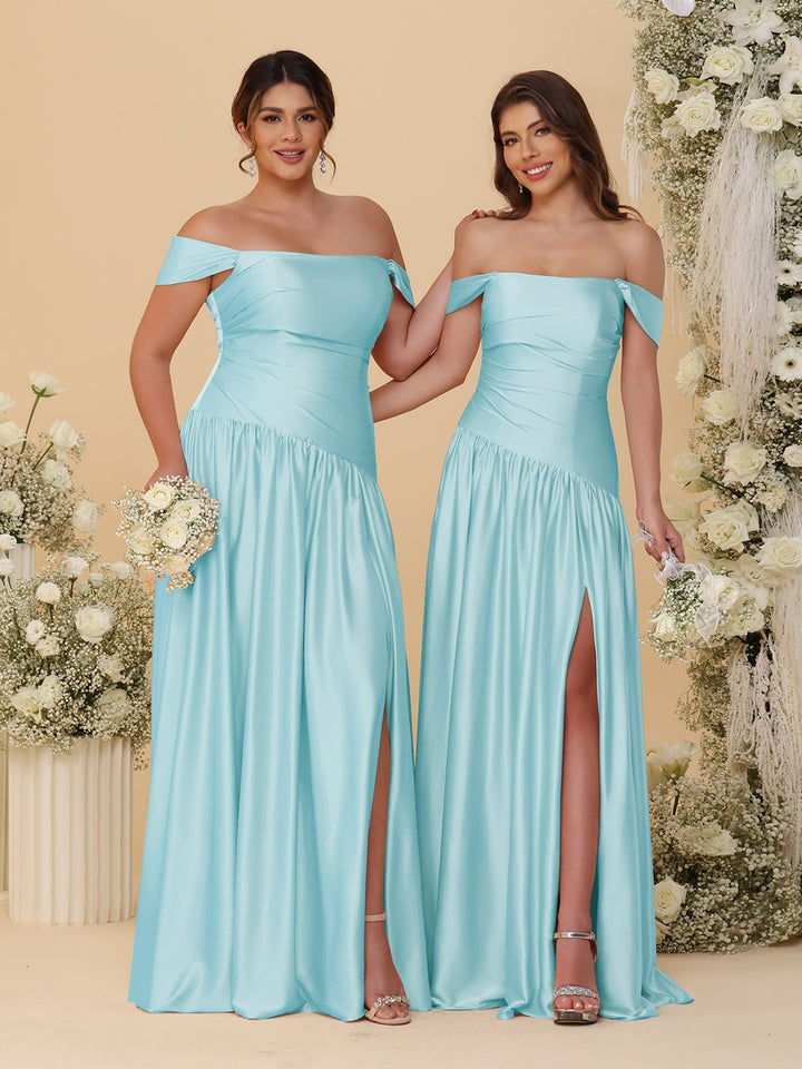 A-Line/Princess Off-the-Shoulder  Ruched Long Bridesmaid Dresses With Side Slit &amp; Pleats