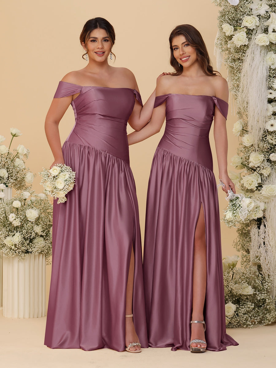 A-Line/Princess Off-the-Shoulder  Ruched Long Bridesmaid Dresses With Side Slit &amp; Pleats